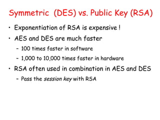 Symmetric (DES) vs. Public Key (RSA)
• Exponentiation of RSA is expensive !
• AES and DES are much faster
– 100 times faster in software
– 1,000 to 10,000 times faster in hardware
• RSA often used in combination in AES and DES
– Pass the session key with RSA
 