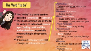 The Verb “to be”
The “to be” is a verb used to
describe something or someone
The most common use of the to
be verb is to talk about names,
ages, feeling, nationalities,
and professions, especially
when talking in the present
tense.
It’s also an irregular verb that
changes in different tenses.
Infinitive: To be
To be or not to be, that is the
question
Present: Am/is/are
I am a doctor
Past: Was / Were
I was at the school yesterday
You were 10 years old last year.
Past Participle:
She has been busy all day.
Continuous:
The shop assistant
is being helpful.
* being (noun, human); beings
(aliens)
Passive:
The house was built in the
mountains.
Future: Will be
 