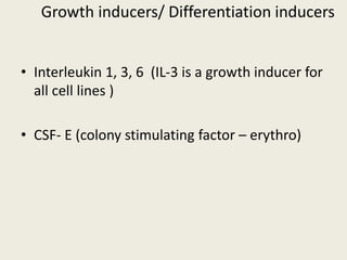 Growth inducers/ Differentiation inducers
• Interleukin 1, 3, 6 (IL-3 is a growth inducer for
all cell lines )
• CSF- E (colony stimulating factor – erythro)
 
