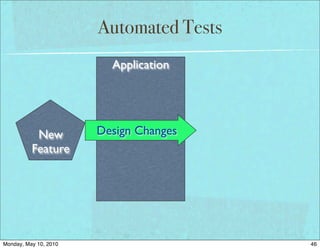 Automated Tests
                         Application




           New         Design Changes
          Feature




Monday, May 10, 2010                     46
 