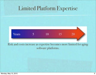 Limited Platform Expertise




        Risk and costs increase as expertise becomes more limited for aging
                                 software platforms.




Monday, May 10, 2010                                                          6
 