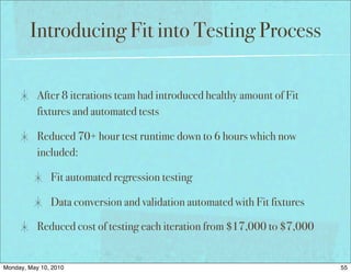 Introducing Fit into Testing Process

           After 8 iterations team had introduced healthy amount of Fit
           fixtures and automated tests

           Reduced 70+ hour test runtime down to 6 hours which now
           included:

               Fit automated regression testing

               Data conversion and validation automated with Fit fixtures

           Reduced cost of testing each iteration from $17,000 to $7,000


Monday, May 10, 2010                                                        55
 