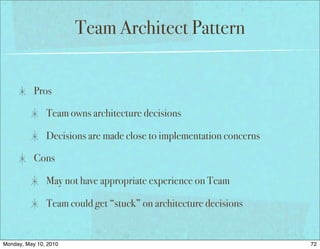 Team Architect Pattern


           Pros

               Team owns architecture decisions

               Decisions are made close to implementation concerns

           Cons

               May not have appropriate experience on Team

               Team could get “stuck” on architecture decisions


Monday, May 10, 2010                                                 72
 