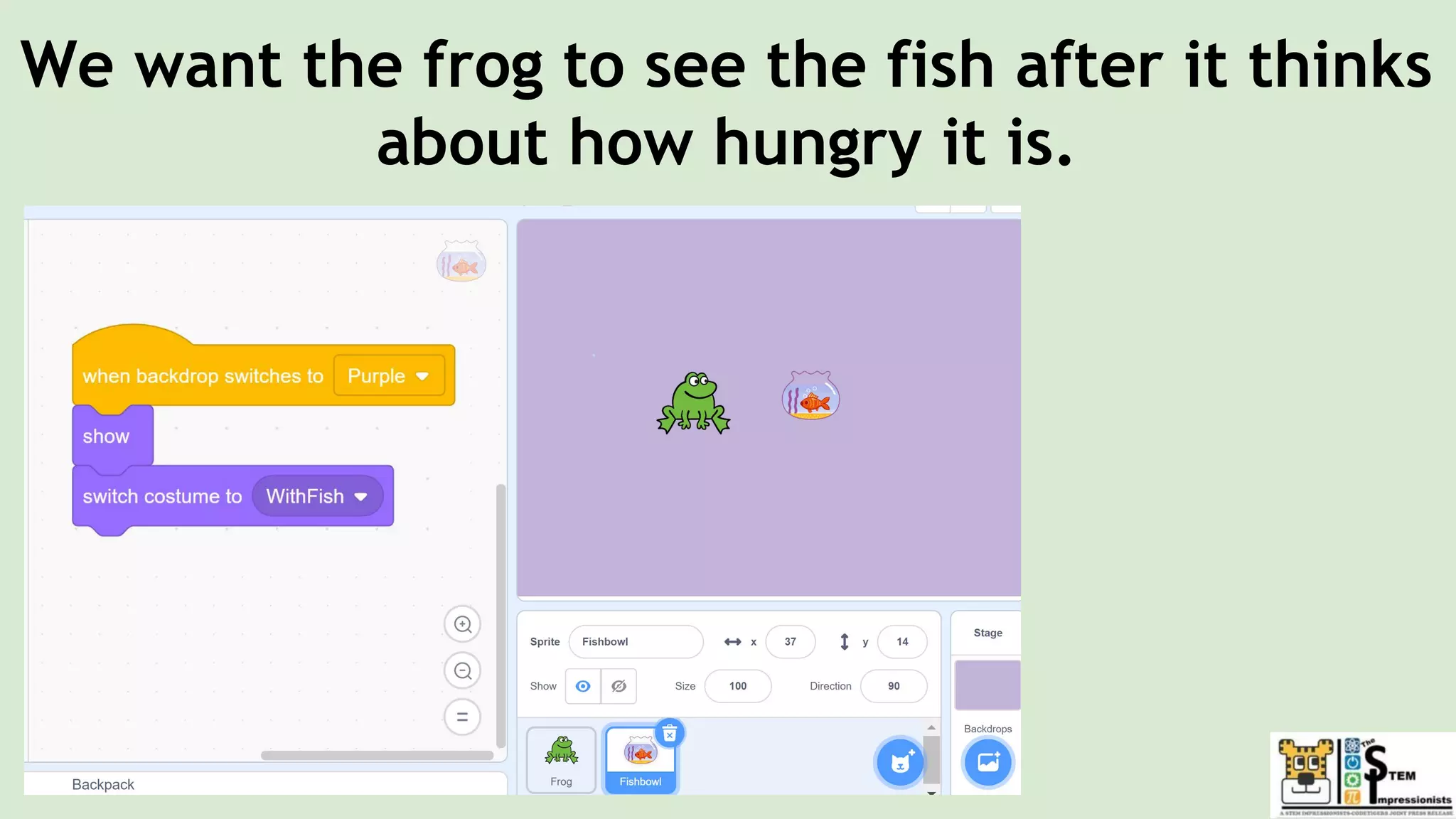 We want the frog to see the fish after it thinks
about how hungry it is.
 
