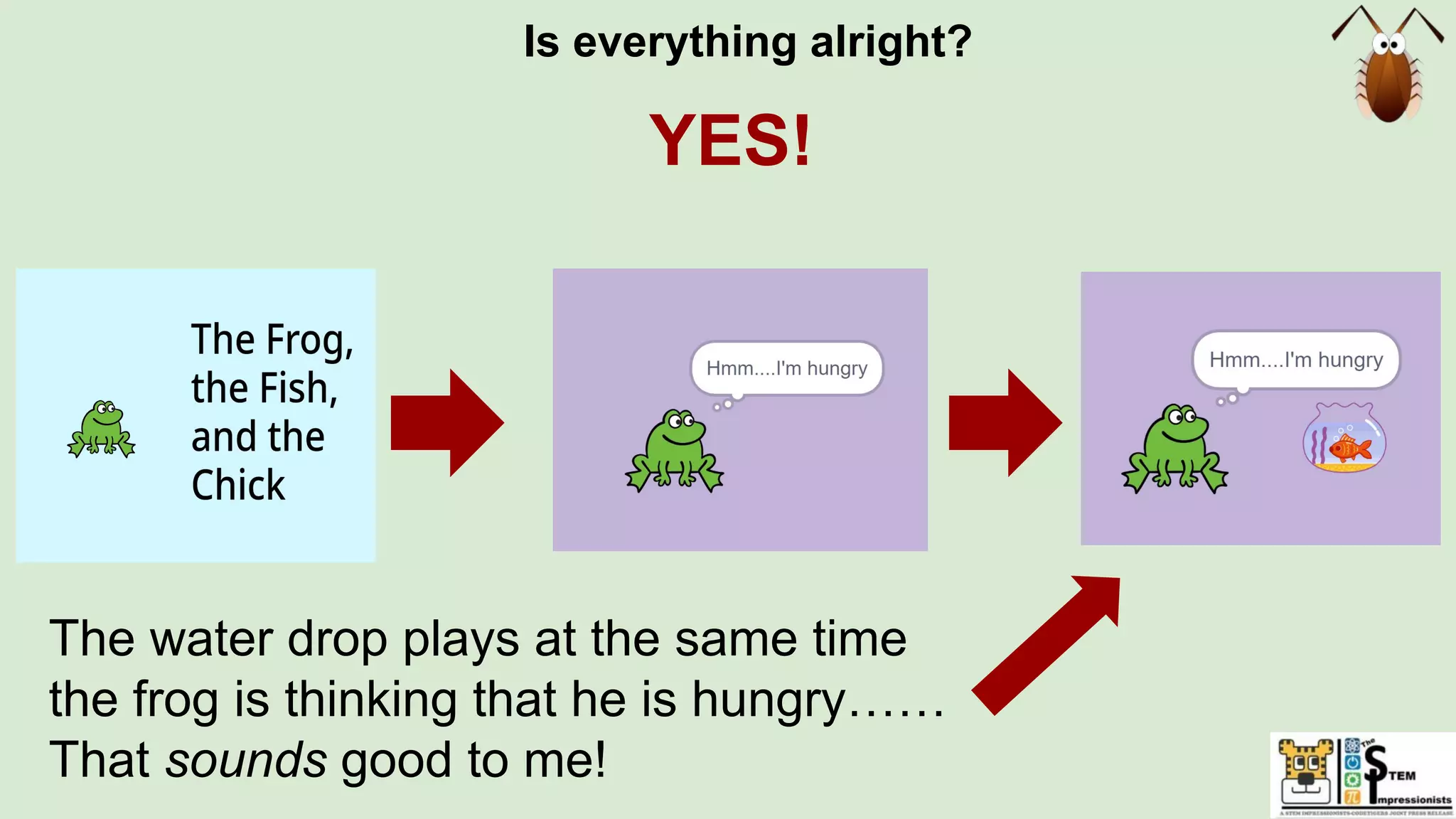 Is everything alright?
YES!
The water drop plays at the same time
the frog is thinking that he is hungry……
That sounds good to me!
 