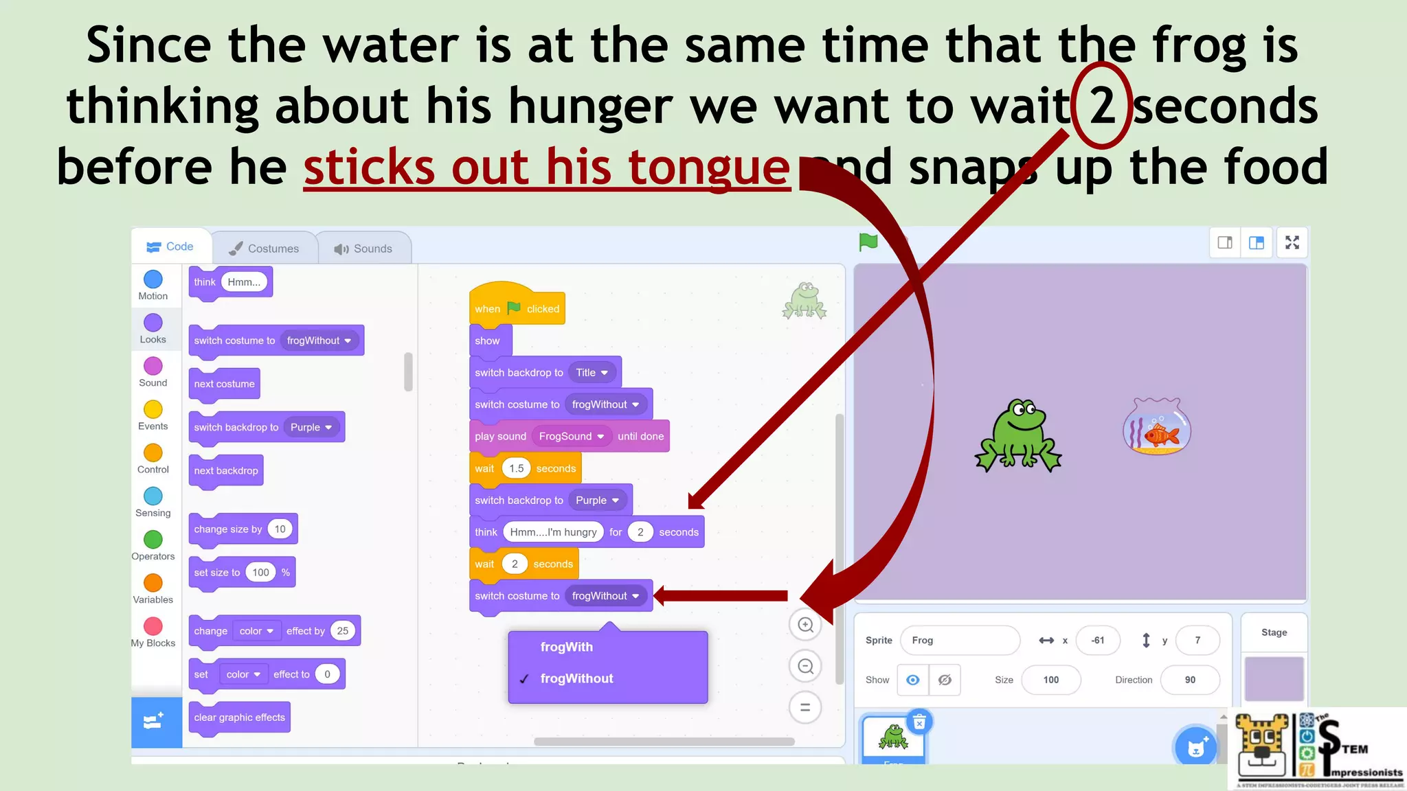 Since the water is at the same time that the frog is
thinking about his hunger we want to wait 2 seconds
before he sticks out his tongue and snaps up the food
 