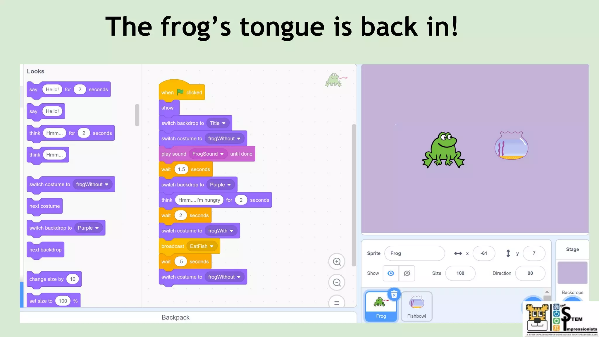 The frog’s tongue is back in!
 