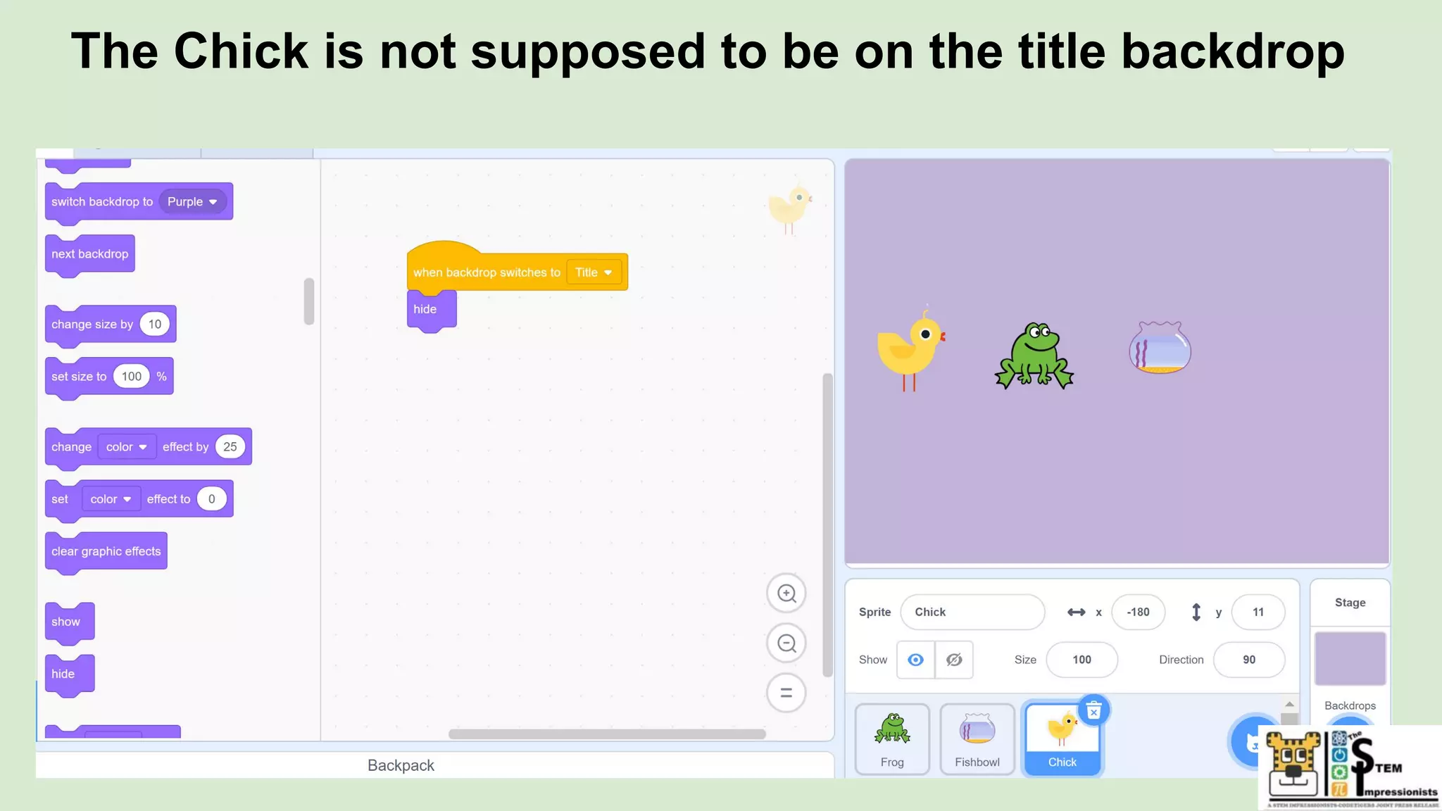 The Chick is not supposed to be on the title backdrop
 