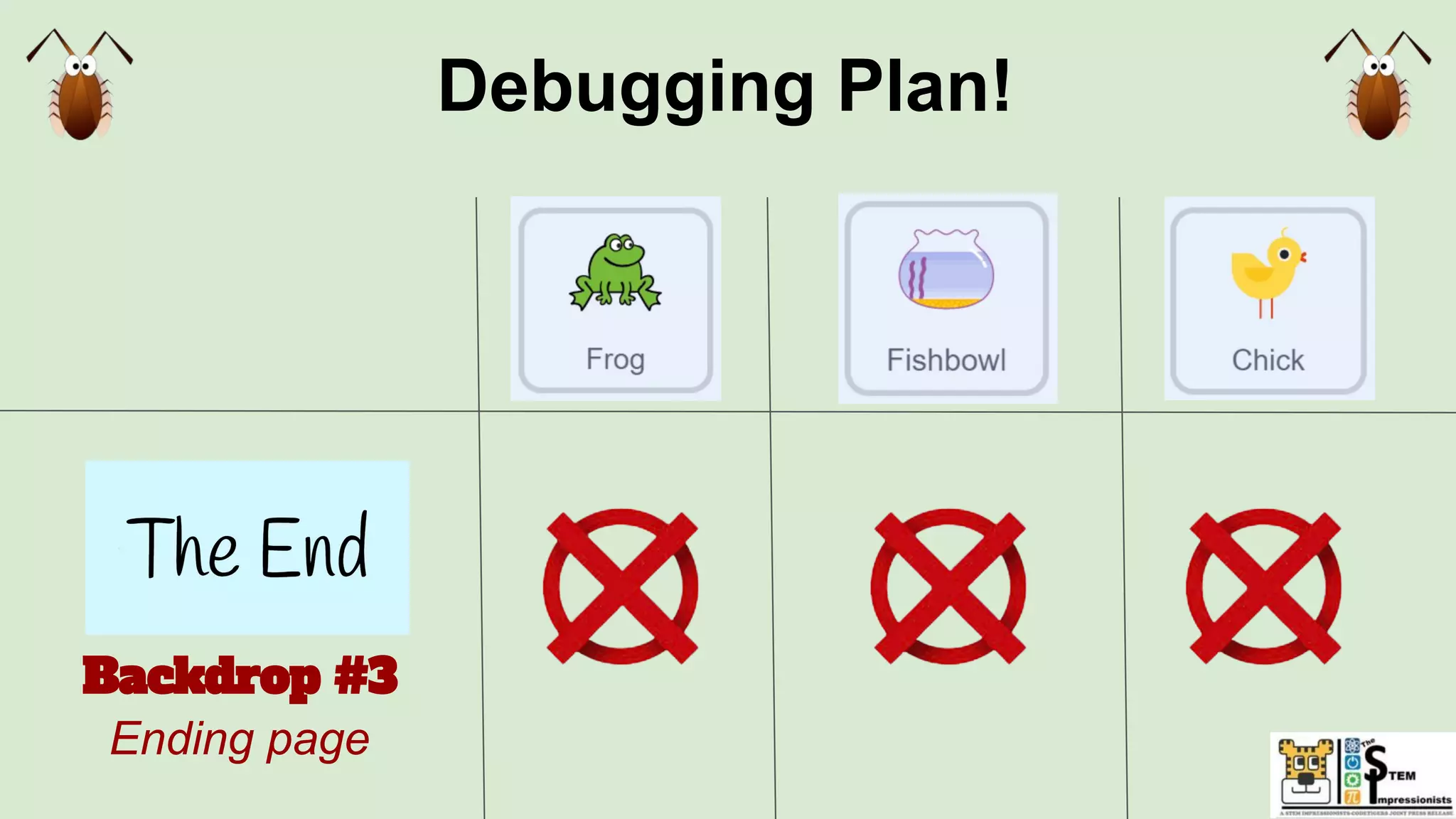 Debugging Plan!
Backdrop #3
Ending page
 