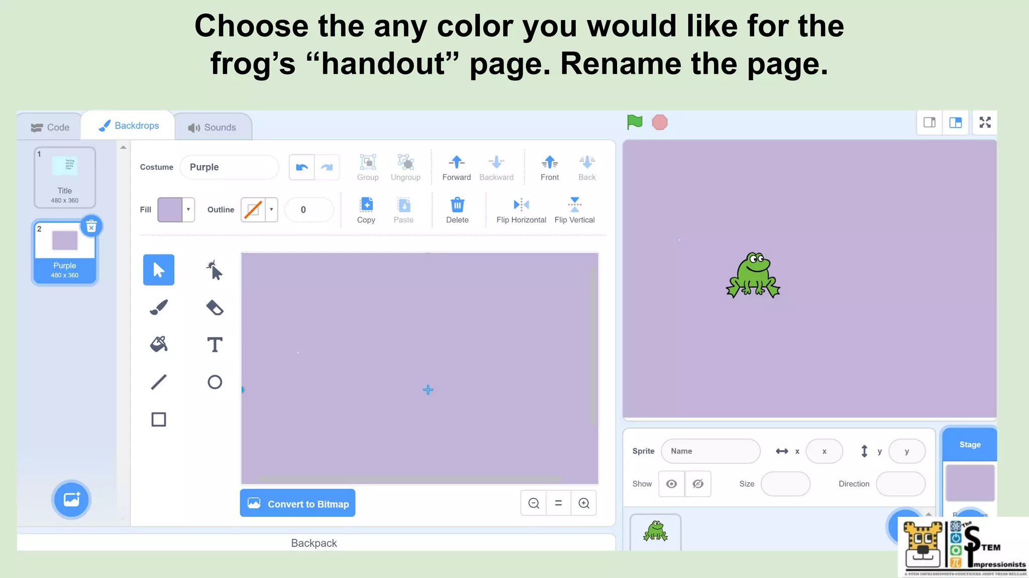 Choose the any color you would like for the
frog’s “handout” page. Rename the page.
 