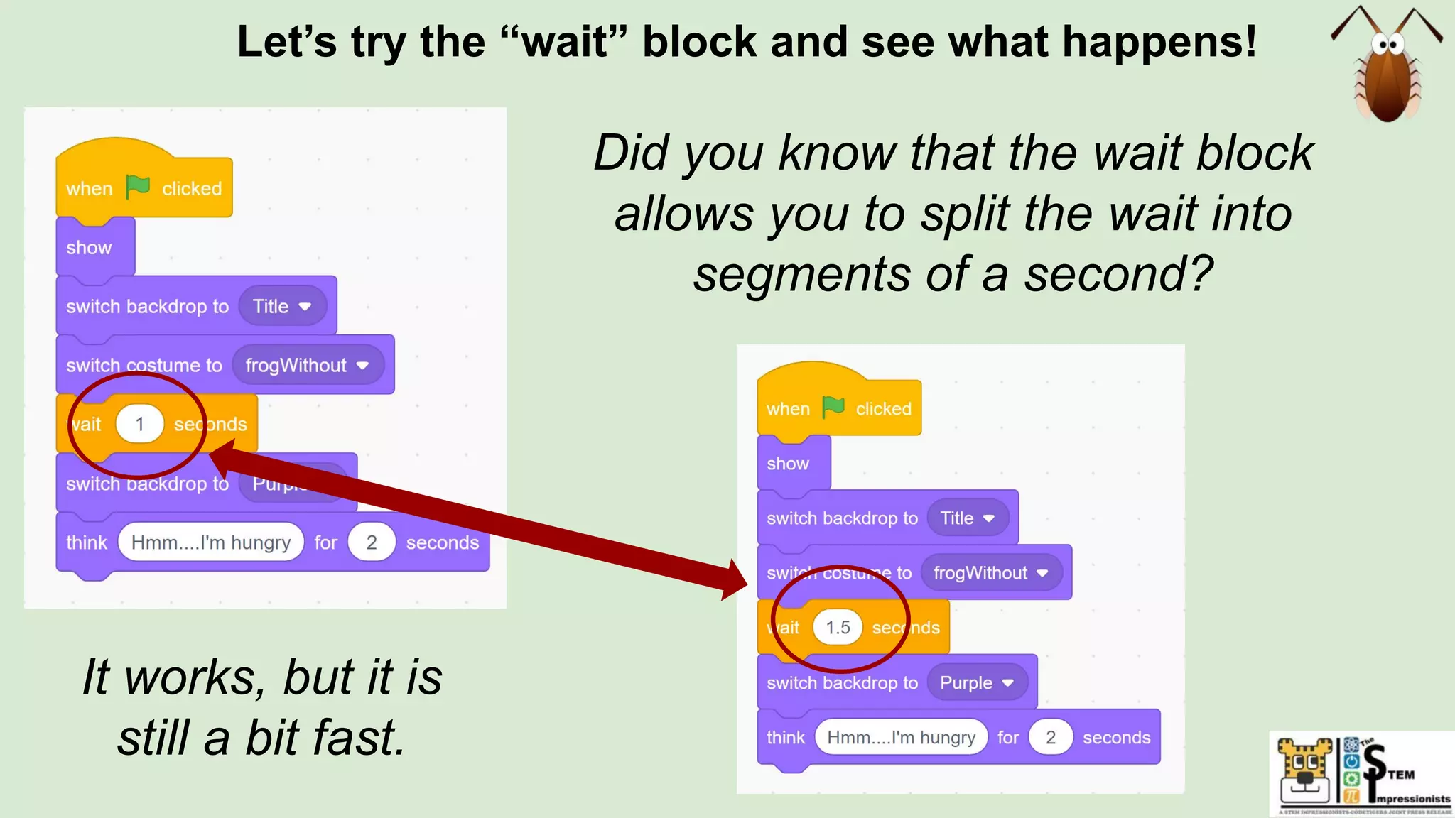Let’s try the “wait” block and see what happens!
It works, but it is
still a bit fast.
Did you know that the wait block
allows you to split the wait into
segments of a second?
 