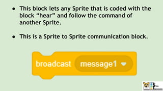 ● This block lets any Sprite that is coded with the
block “hear” and follow the command of
another Sprite.
● This is a Sprite to Sprite communication block.
 