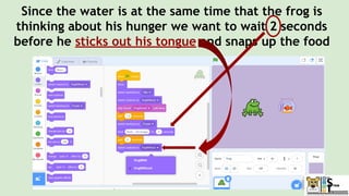 Since the water is at the same time that the frog is
thinking about his hunger we want to wait 2 seconds
before he sticks out his tongue and snaps up the food
 
