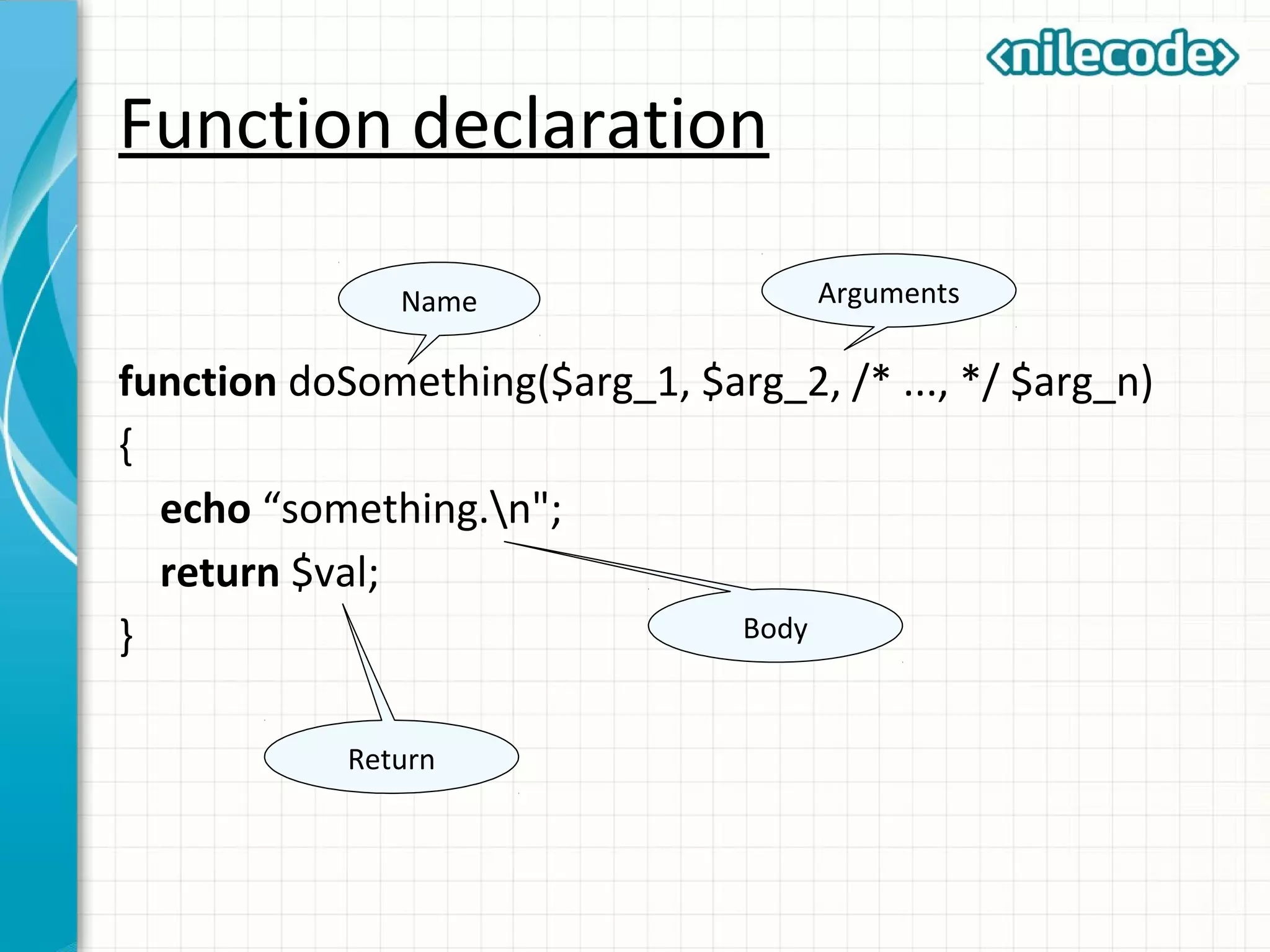 Function declaration
function doSomething($arg_1, $arg_2, /* ..., */ $arg_n)
{
echo “something.n";
return $val;
}
Name Arguments
Body
Return
 