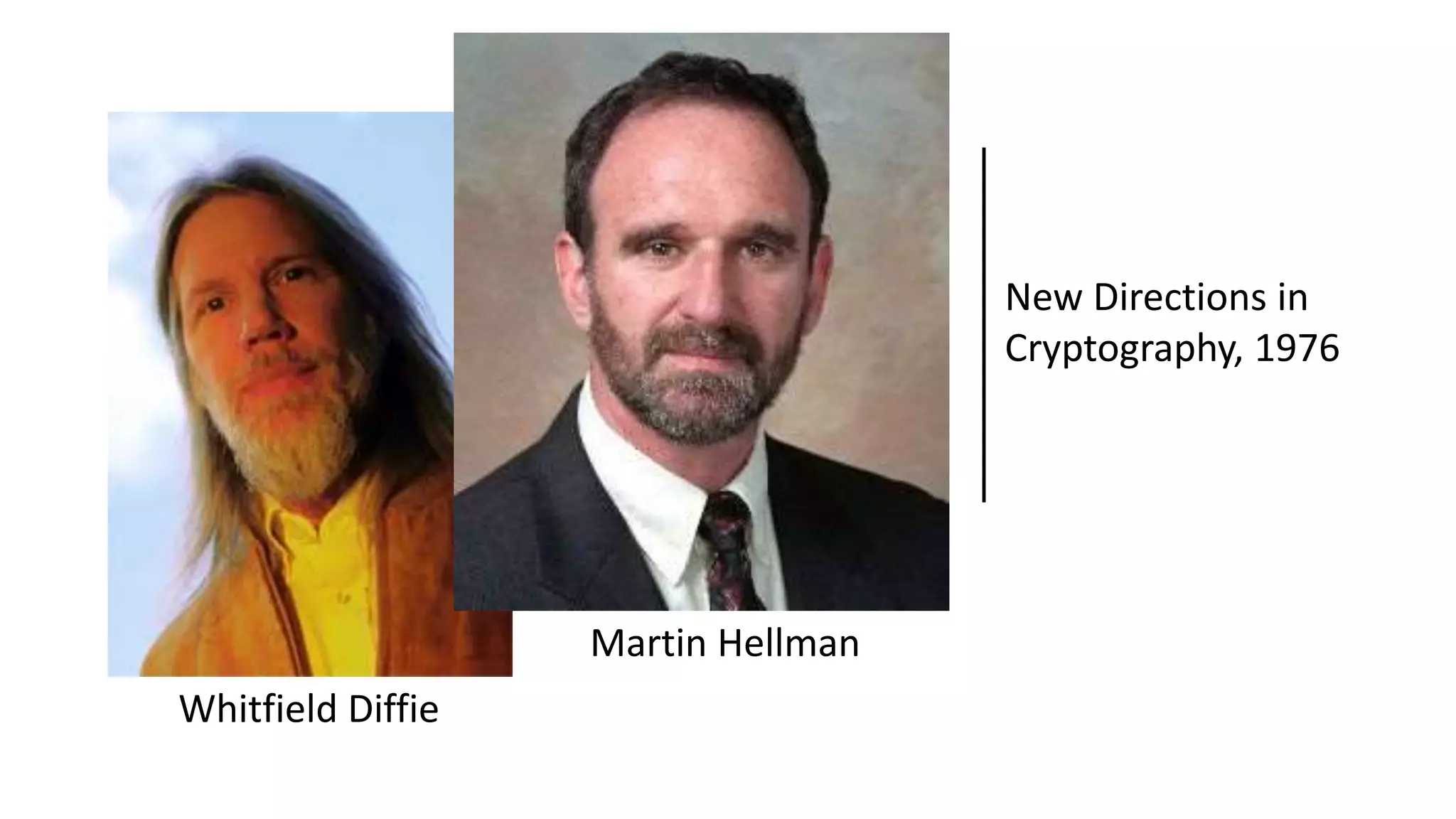 Whitfield Diffie
Martin Hellman
New Directions in
Cryptography, 1976
 
