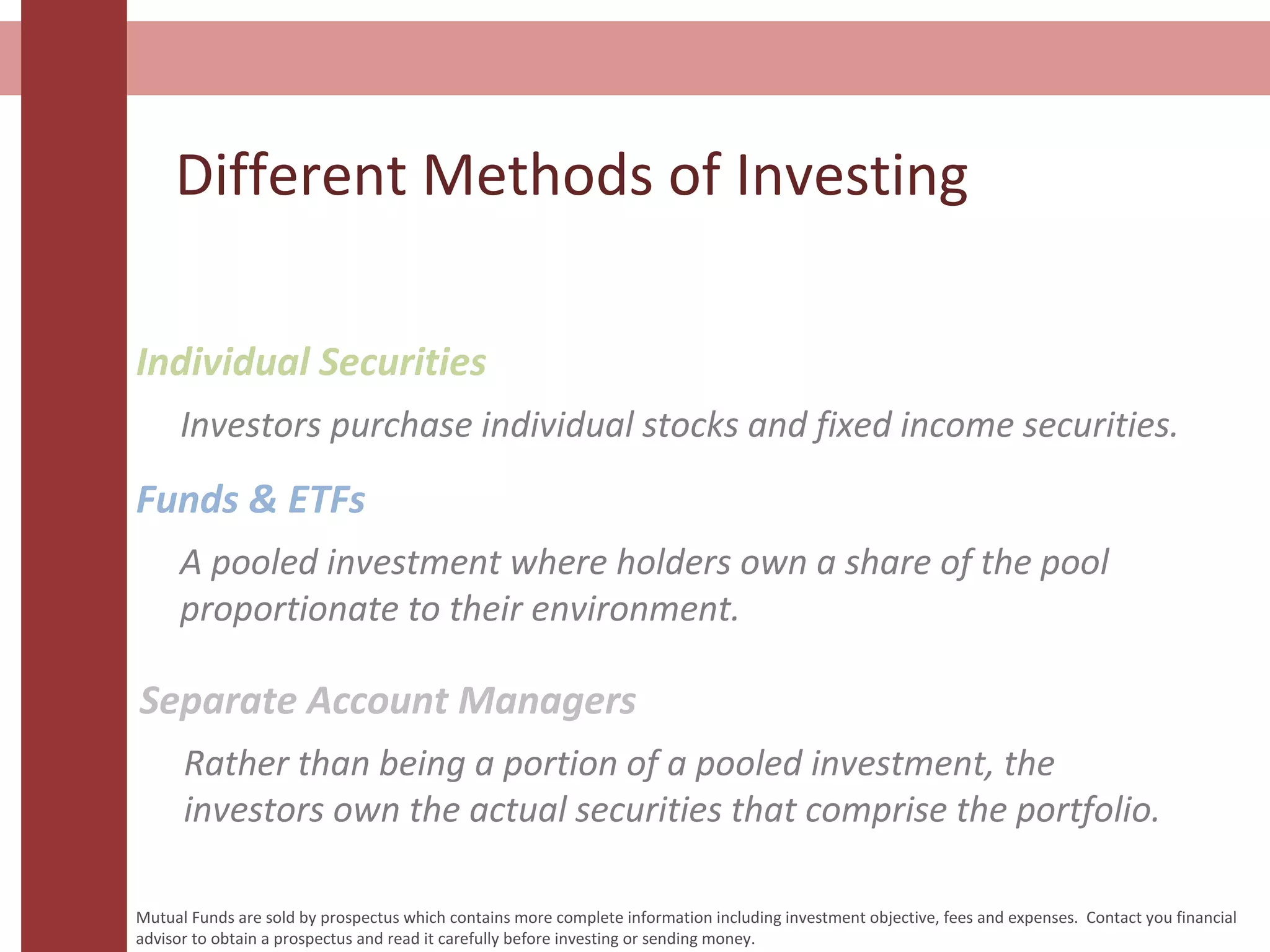 Different Methods of Investing
Individual Securities
Investors purchase individual stocks and fixed income securities.
Funds & ETFs
A pooled investment where holders own a share of the pool
proportionate to their environment.
Separate Account Managers
Rather than being a portion of a pooled investment, the
investors own the actual securities that comprise the portfolio.
Mutual Funds are sold by prospectus which contains more complete information including investment objective, fees and expenses. Contact you financial
advisor to obtain a prospectus and read it carefully before investing or sending money.
 