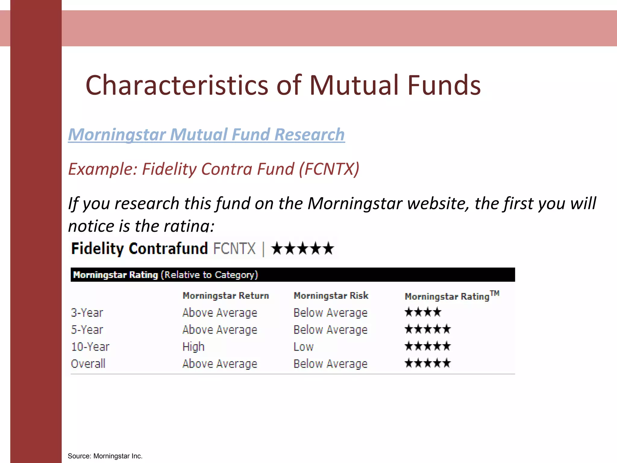 Characteristics of Mutual Funds
Morningstar Mutual Fund Research
Example: Fidelity Contra Fund (FCNTX)
If you research this fund on the Morningstar website, the first you will
notice is the rating:
Source: Morningstar Inc.
 