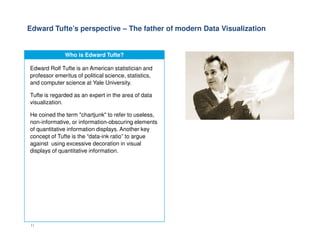 Edward Tufte’s perspective – The father of modern Data Visualization
Who is Edward Tufte?
Edward Rolf Tufte is an American statistician and
professor emeritus of political science, statistics,
and computer science at Yale University.
Tufte is regarded as an expert in the area of data
visualization.
He coined the term "chartjunk" to refer to useless,
non-informative, or information-obscuring elements
11
non-informative, or information-obscuring elements
of quantitative information displays. Another key
concept of Tufte is the “data-ink ratio” to argue
against using excessive decoration in visual
displays of quantitative information.
 