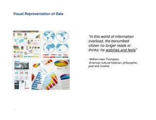 Visual Representation of Data
“In this world of information
overload, the benumbed
citizen no longer reads or
thinks; he watches and feels”
-William Irwin Thompson,
1
-William Irwin Thompson,
American cultural historian, philosopher,
poet and novelist.
 