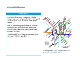 Information Graphics
Infographics
Information Graphics or Infographics includes
imagery to present complex information quickly and
clearly in signs, maps, journalism and technical
writing.
With an information graphic, computer scientists,
mathematicians, and statisticians develop and
communicate concepts using a single symbol to
process information.
7
process information.
The infographic on the right represents the metro
rail system of Washington D.C.
This infographic helps you identify and plot
your route in an easier fashion.
 