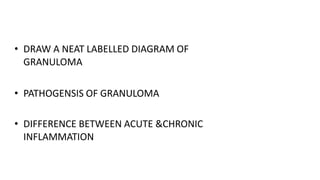 • DRAW A NEAT LABELLED DIAGRAM OF
GRANULOMA
• PATHOGENSIS OF GRANULOMA
• DIFFERENCE BETWEEN ACUTE &CHRONIC
INFLAMMATION
 