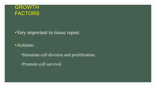 GROWTH
FACTORS
•Very important in tissue repair.
•Actions:
•Stimulate cell division and proliferation.
•Promote cell survival.
 