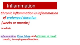 Chronic
Inflammation
Chronic inflammation is inflammation
of prolonged duration
(weeks or months)
in which
inflammation, tissue injury, and attempts at repair
coexist, in varying combinations.
 