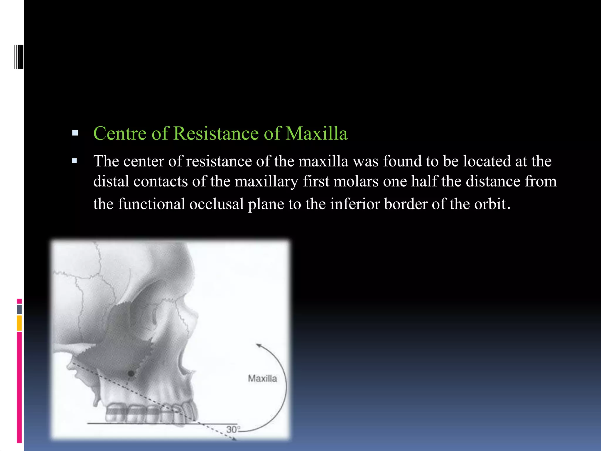  Centre of Resistance of Maxilla
 The center of resistance of the maxilla was found to be located at the
distal contacts of the maxillary first molars one half the distance from
the functional occlusal plane to the inferior border of the orbit.
 