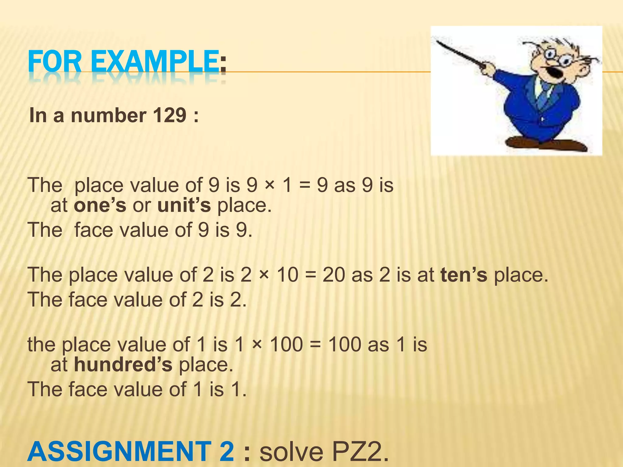 FOR EXAMPLE:
In a number 129 :
The place value of 9 is 9 × 1 = 9 as 9 is
at one’s or unit’s place.
The face value of 9 is 9.
The place value of 2 is 2 × 10 = 20 as 2 is at ten’s place.
The face value of 2 is 2.
the place value of 1 is 1 × 100 = 100 as 1 is
at hundred’s place.
The face value of 1 is 1.
ASSIGNMENT 2 : solve PZ2.
 
