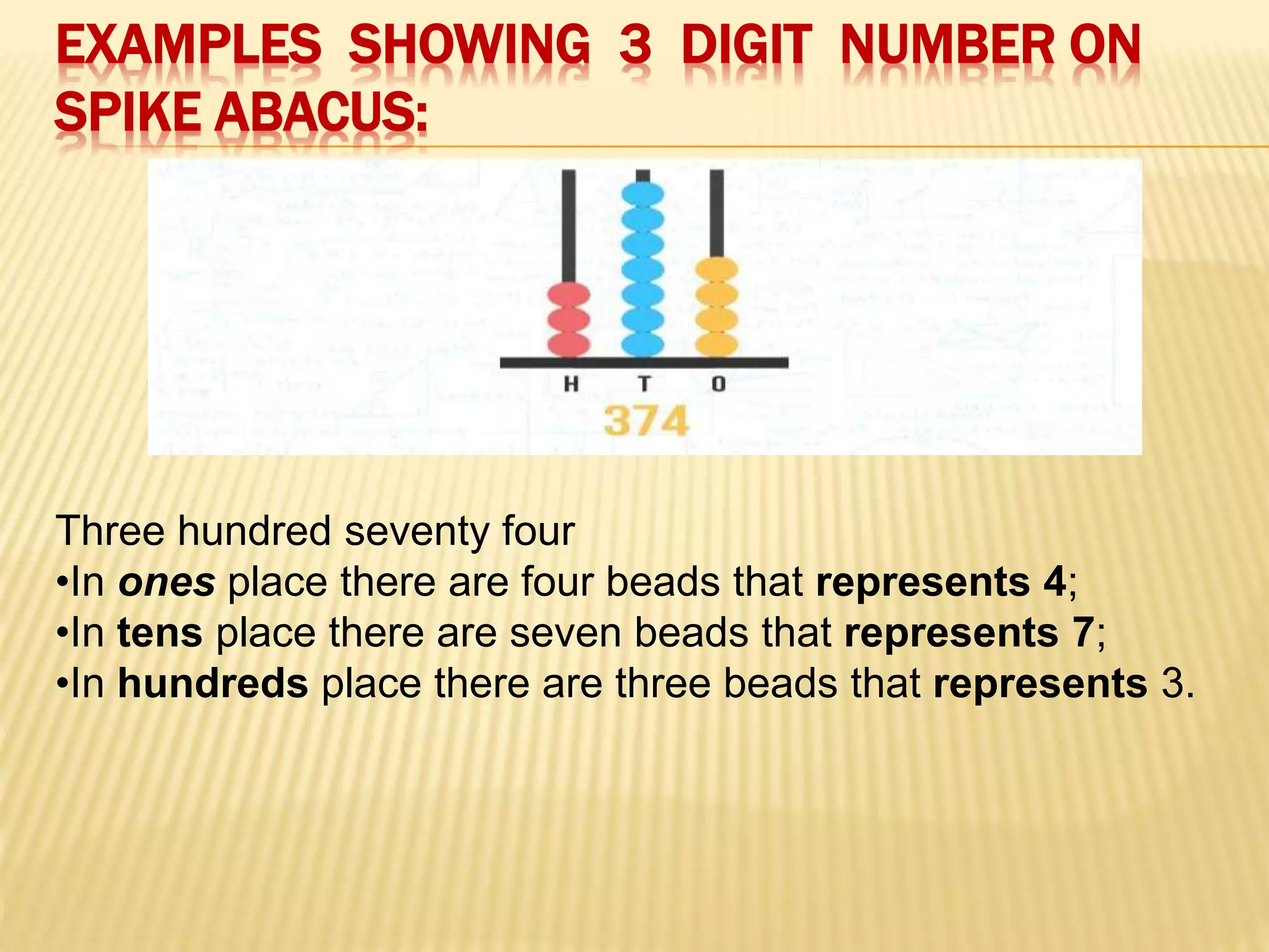 EXAMPLES SHOWING 3 DIGIT NUMBER ON
SPIKE ABACUS:
Three hundred seventy four
•In ones place there are four beads that represents 4;
•In tens place there are seven beads that represents 7;
•In hundreds place there are three beads that represents 3.
 
