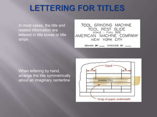 In most cases, the title and
related information are
lettered in title boxes or title
strips




When lettering by hand,
arrange the title symmetrically
about an imaginary centerline
 
