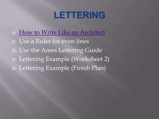    How to Write Like an Architect
   Use a Ruler for even lines
   Use the Ames Lettering Guide
   Lettering Example (Worksheet 2)
   Lettering Example (Finish Plan)
 