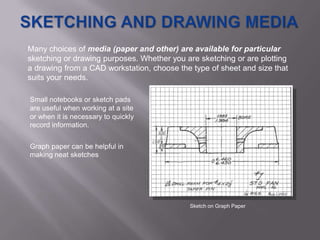 Many choices of media (paper and other) are available for particular
sketching or drawing purposes. Whether you are sketching or are plotting
a drawing from a CAD workstation, choose the type of sheet and size that
suits your needs.

Small notebooks or sketch pads
are useful when working at a site
or when it is necessary to quickly
record information.


Graph paper can be helpful in
making neat sketches




                                            Sketch on Graph Paper
 
