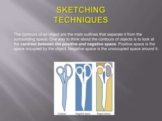 The contours of an object are the main outlines that separate it from the
surrounding space. One way to think about the contours of objects is to look at
the contrast between the positive and negative space. Positive space is the
space occupied by the object. Negative space is the unoccupied space around it.
 