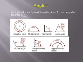 An angle is formed by two intersecting lines. A common symbol
for angle is   .
 