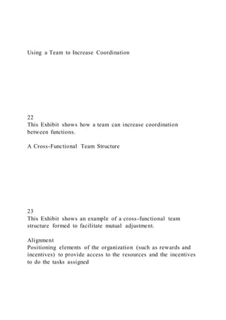 Using a Team to Increase Coordination
22
This Exhibit shows how a team can increase coordination
between functions.
A Cross-Functional Team Structure
23
This Exhibit shows an example of a cross-functional team
structure formed to facilitate mutual adjustment.
Alignment
Positioning elements of the organization (such as rewards and
incentives) to provide access to the resources and the incentives
to do the tasks assigned
 