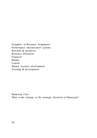 Examples of Resource Alignments
Performance measurement systems
Rewards & incentives
Resource allocation
Financial
Human
Capital
Human resource development
Training & development
Dynacorp Case
What is the strategy or the strategic direction of Dynacorp?
26
 