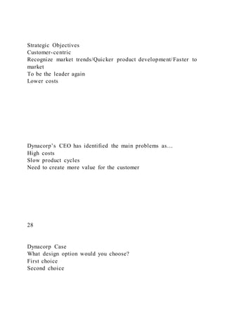 Strategic Objectives
Customer-centric
Recognize market trends/Quicker product development/Faster to
market
To be the leader again
Lower costs
Dynacorp’s CEO has identified the main problems as…
High costs
Slow product cycles
Need to create more value for the customer
28
Dynacorp Case
What design option would you choose?
First choice
Second choice
 