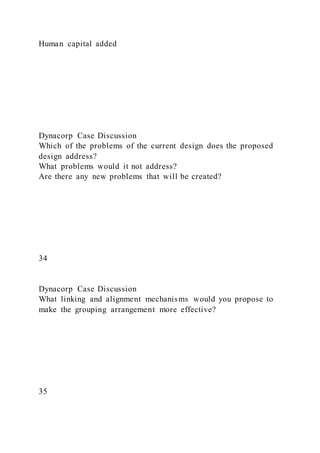 Human capital added
Dynacorp Case Discussion
Which of the problems of the current design does the proposed
design address?
What problems would it not address?
Are there any new problems that will be created?
34
Dynacorp Case Discussion
What linking and alignment mechanisms would you propose to
make the grouping arrangement more effective?
35
 