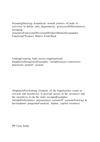 GroupingDrawing boundaries around clusters of tasks or
activities to define jobs, departments, processesDifferentiation
Grouping
structuresFunctionalDivisionalProductMarketGeographic
Functional/Product Matrix Front/Back
LinkingCreating links across organizational
boundariesIntegrationExamples includeLiaison rolesCross-
functional teamsIT systems
AlignmentPositioning elements of the organization (such as
rewards and incentives) to provide access to the resources and
the incentives to do the tasks assignedExamples
includePerformance measurement systemsIT systemsTraining &
development programsFinancial, human, capital resources
HP Case Study
 
