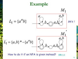 Example
                                                M1
                           a                   a, b
             n
   L1 {a b}                     b       a, b           DFA！



                                                M1
                           a                   a, b
                  n
L1 {a, b} * {a b}
                                 b     a, b

  How to do it if an NFA is given instead?    投影片 13
                                                         15
 
