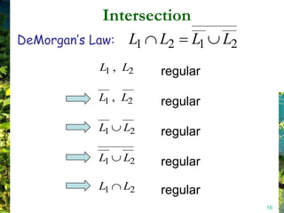 Intersection
DeMorgan’s Law:   L1   L2   L1   L2
            L1 , L2    regular

            L1 , L2    regular

            L1    L2   regular

            L1    L2   regular
            L1    L2   regular
                                      16
 