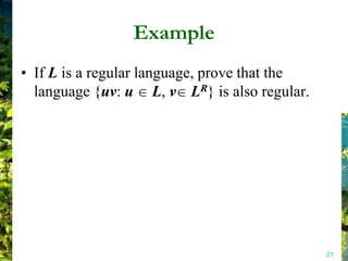 Example
• If L is a regular language, prove that the
  language {uv: u L, v LR} is also regular.




                                               21
 