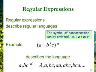 Regular Expressions
Regular expressions
describe regular languages
                     The symbol of concatenation
                     can by omitted, i.e. ( a + bc )*

Example:        (a b c) *

           describes the language
      a, bc *      , a, bc, aa, abc, bca,...
                                                        23
 