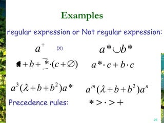 Examples
regular expression or Not regular expression:

        a      (X)
                              a* b*
  a b       * (c     )    a* c b c
  3           2           m         2    n
 a (    b b )a *         a (    b b )a
Precedence rules:

                                             25
 