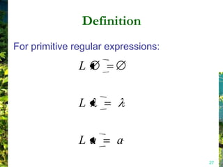 Definition
For primitive regular expressions:

               L

               L

               La       a
                                     27
 