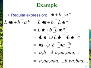 Example
 • Regular expression:   a b a*
L a b a*        L a b L a*
                L a b L a*
                 La Lb La *
                  a   b a *
                 a, b , a, aa, aaa,...
                 a, aa, aaa,..., b, ba, baa,...
                                             30
 