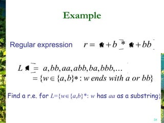 Example

Regular expression        r    a b * a bb

   Lr      a, bb, aa, abb, ba, bbb,...
          {w {a, b} : w ends with a or bb}

Find a r.e. for L={w {a,b}*: w has aa as a substring}


                                                  31
 