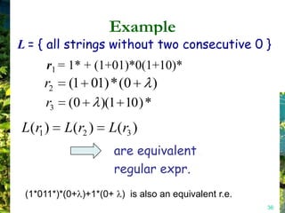 Example
L = { all strings without two consecutive 0 }
      r1 = 1* + (1+01)*0(1+10)*
     r2    (1 01) * (0    )
     r3    (0  )(1 10 ) *
L(r1 )    L(r2 )    L(r3 )
                      are equivalent
                        r1     ,     r2                   r




                      regular expr.
 (1*011*)*(0+ )+1*(0+ ) is also an equivalent r.e.
                                                     36
 