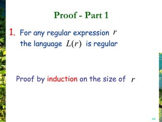 Proof - Part 1
1. For any regular expression r
   the language L(r ) is regular



  Proof by induction on the size of   r



                                          44
 